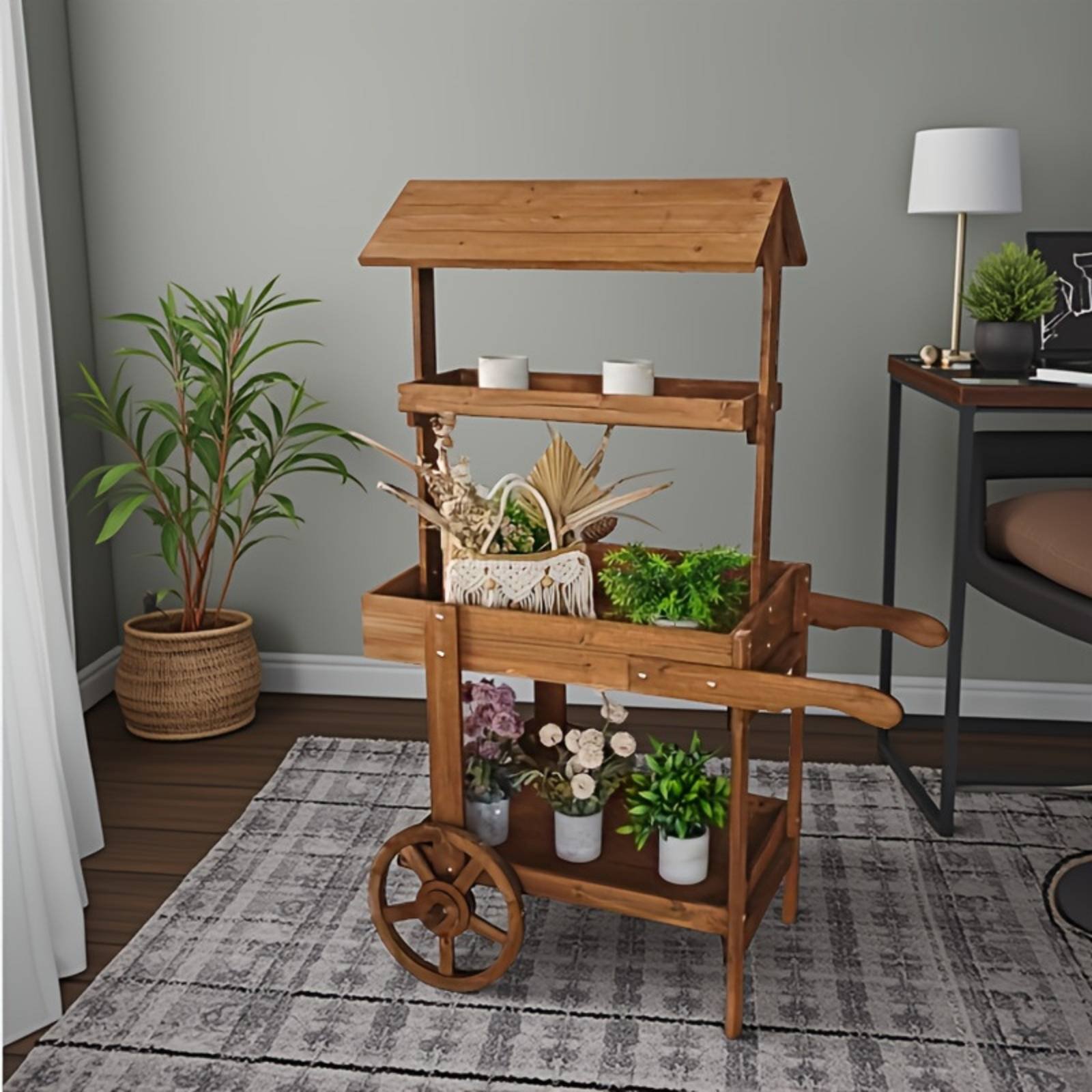 Home Decor Vintage - Wooden Flower Trolley Decorative Wheels Flower